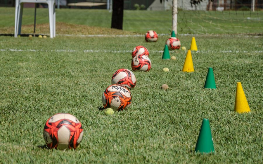 Soccer balls and training cones laid out on the grass