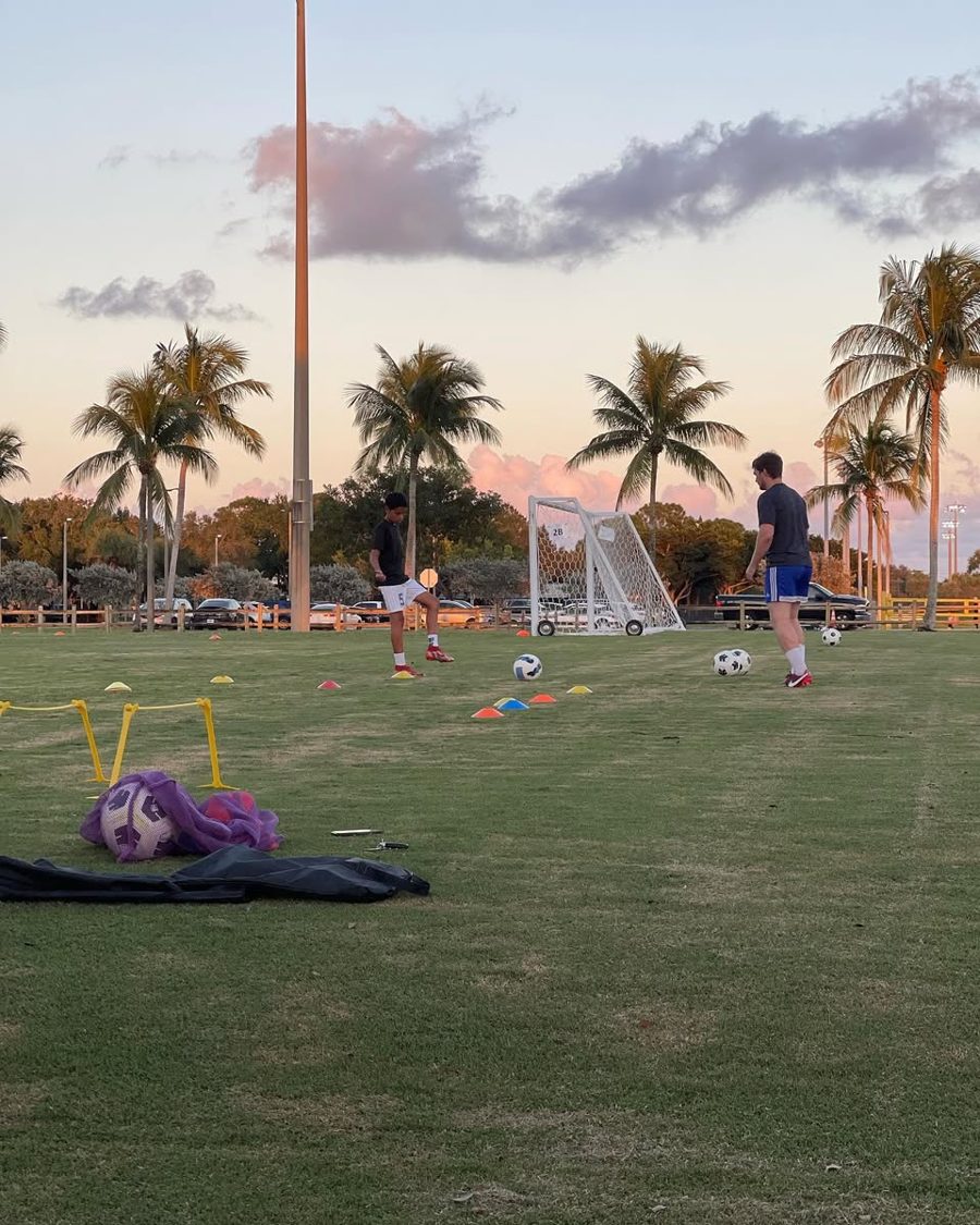 1-on-1 session with cone grid and mini goal at sunset